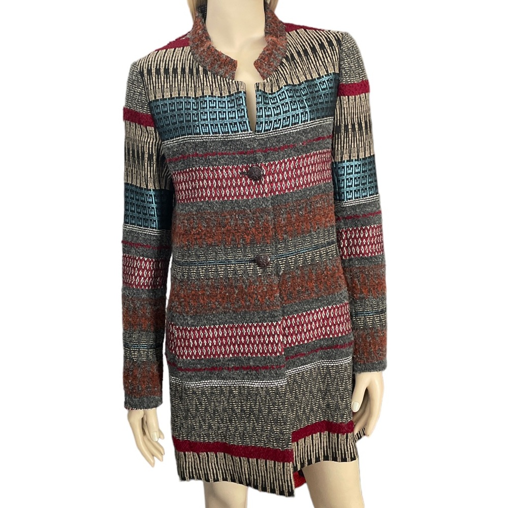 RIANI Aztec Print Long Jacket In Grey Burgundy & Turquoise